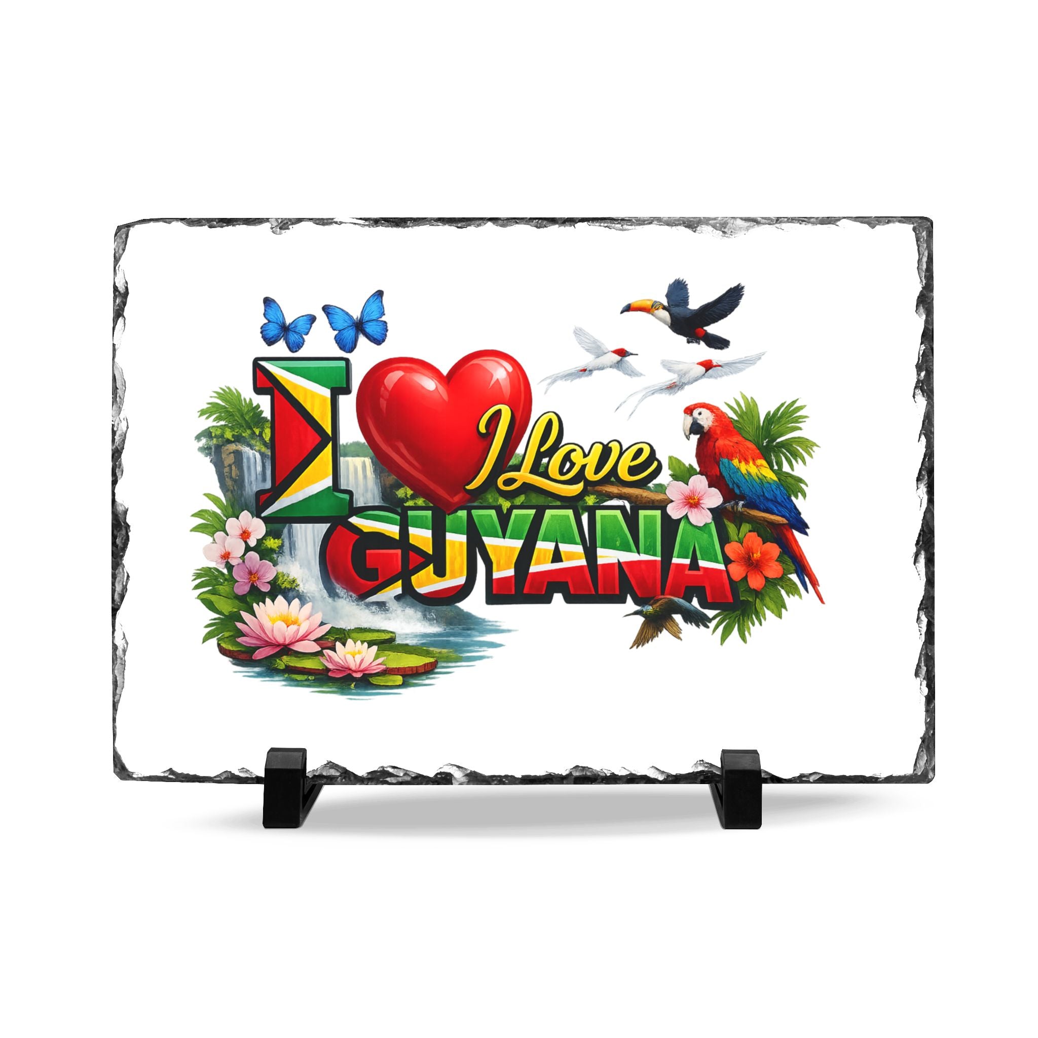 I Love Guyana Slate Desk Plaque — Tropical Parrot Souvenir Gift