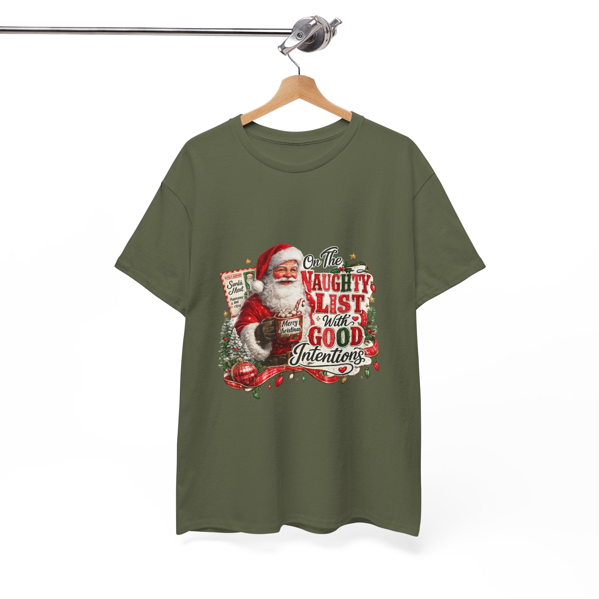 Christmas T-Shirt — 'On the Naughty List, I Have Good Intentions' Santa Tee