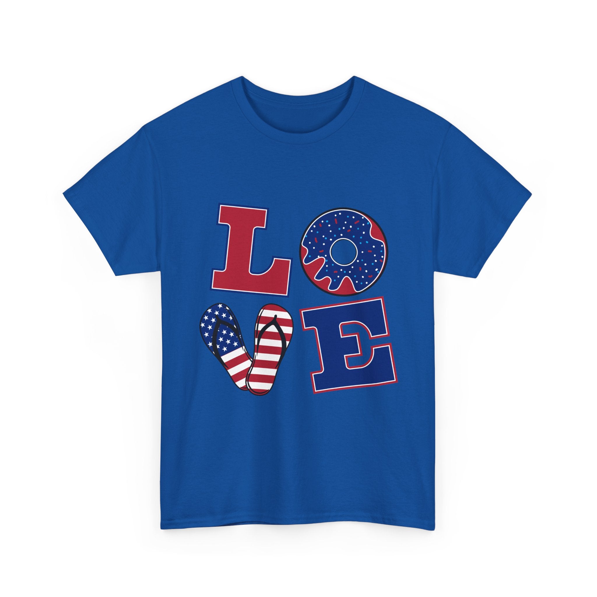 Patriotic LOVE T-Shirt — American Flag Donut & Flip-Flop Fourth of July Tee