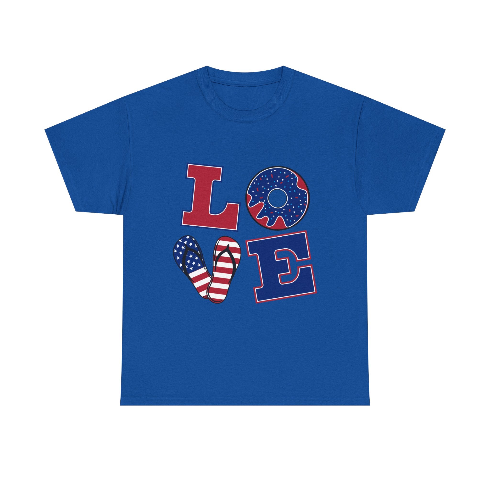 Patriotic LOVE T-Shirt — American Flag Donut & Flip-Flop Fourth of July Tee