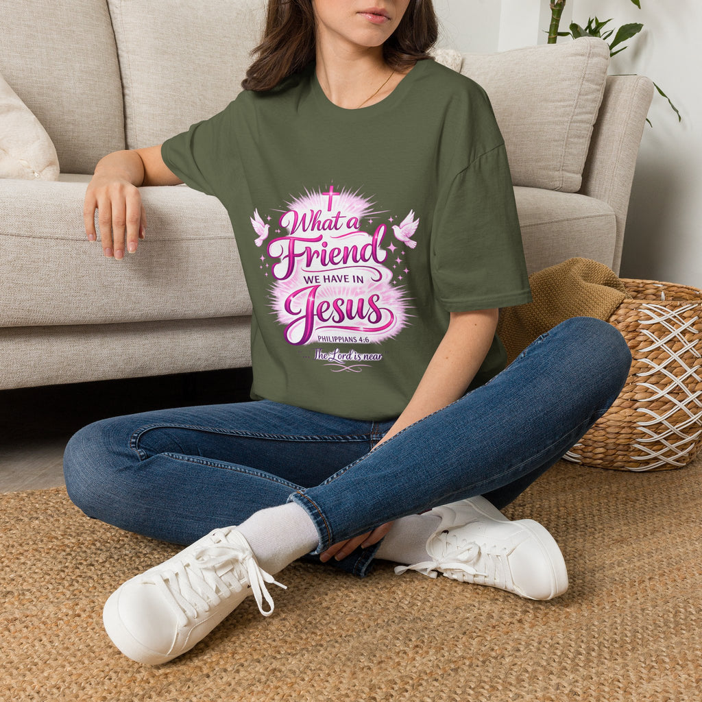Christian T-Shirt — “What a Friend We Have in Jesus” Pink Faith Tee