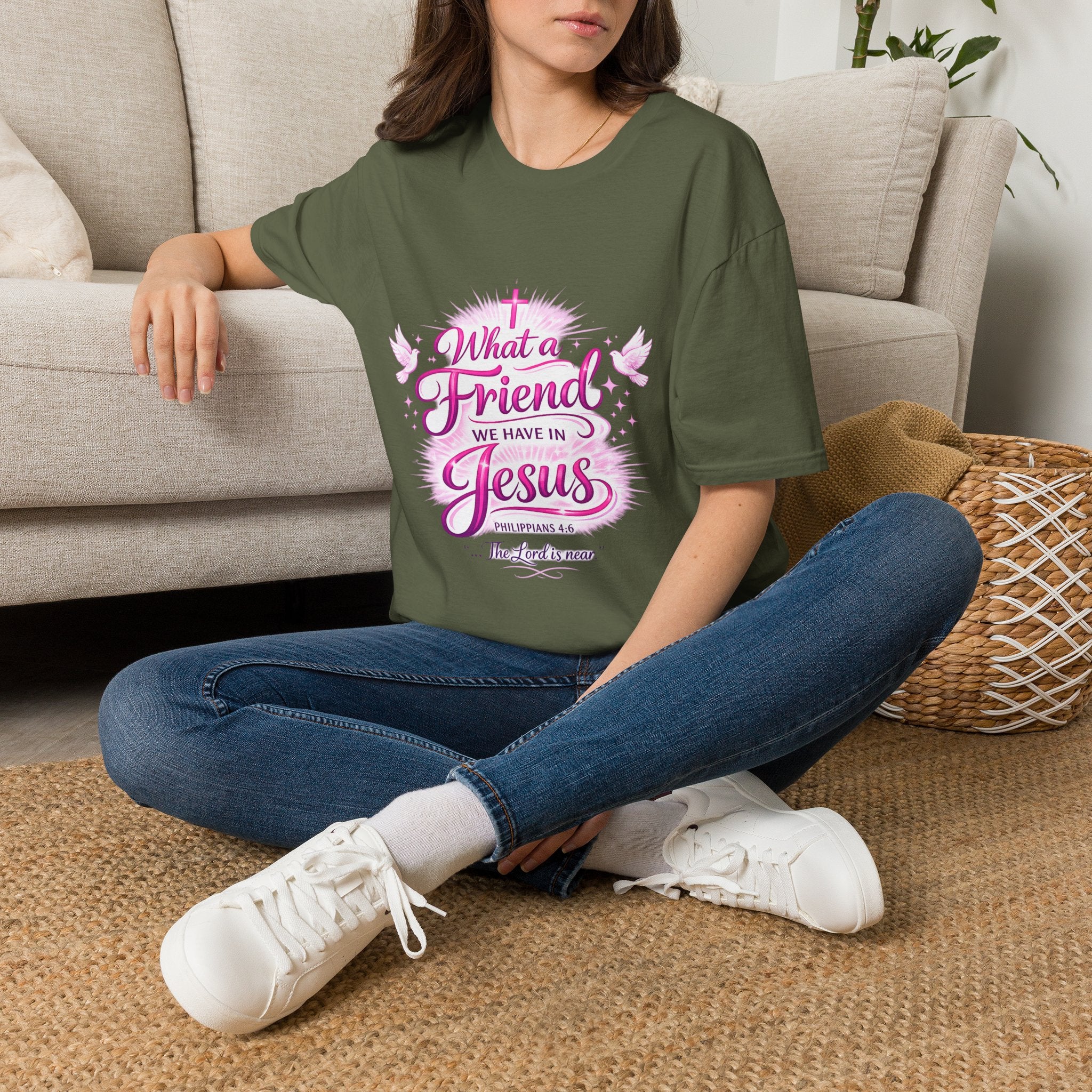 Christian T-Shirt — “What a Friend We Have in Jesus” Pink Faith Tee