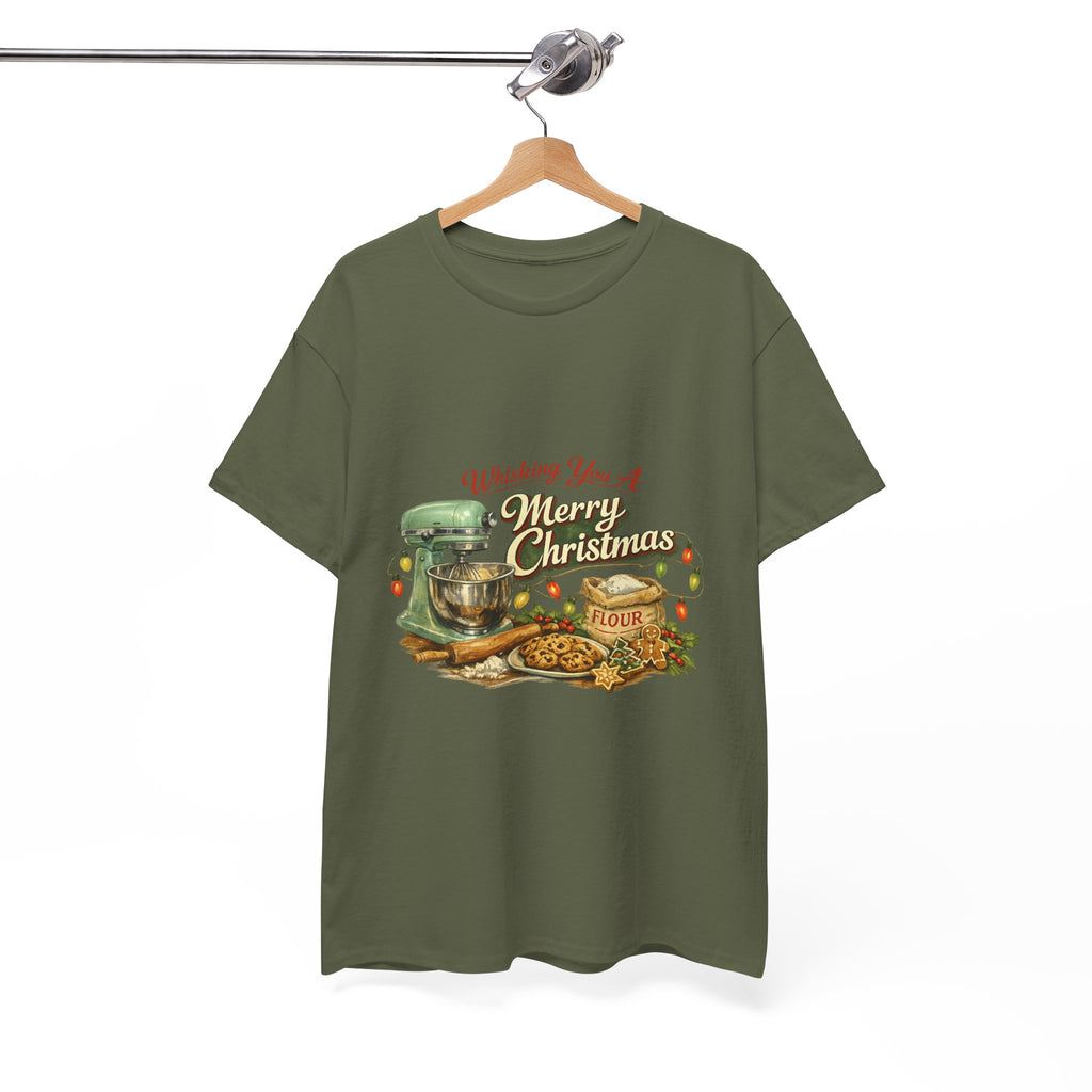 Christmas Baking Tee — "Wishing You A Merry Christmas" Vintage Mixer & Cookies T-Shirt