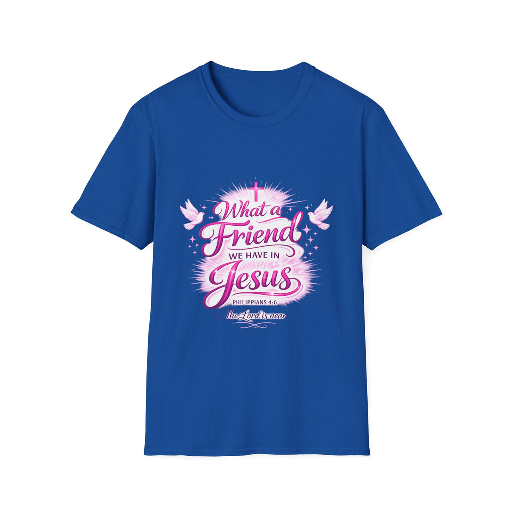 Christian T-Shirt — “What a Friend We Have in Jesus” Pink Faith Tee