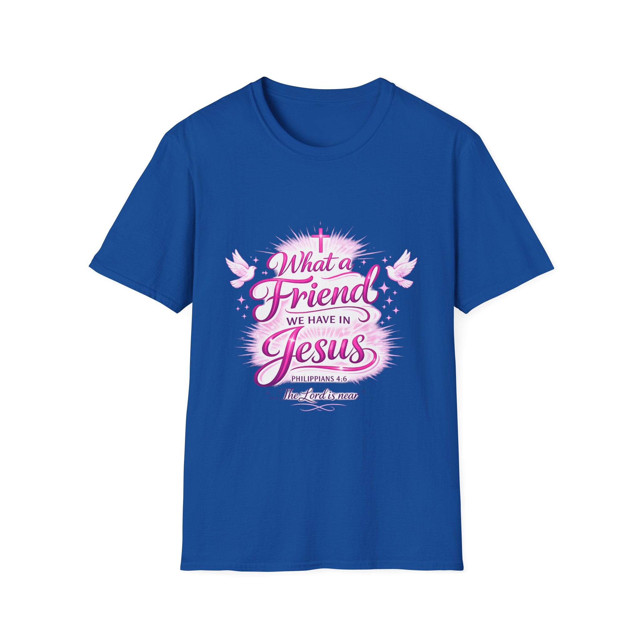 Christian T-Shirt — “What a Friend We Have in Jesus” Pink Faith Tee