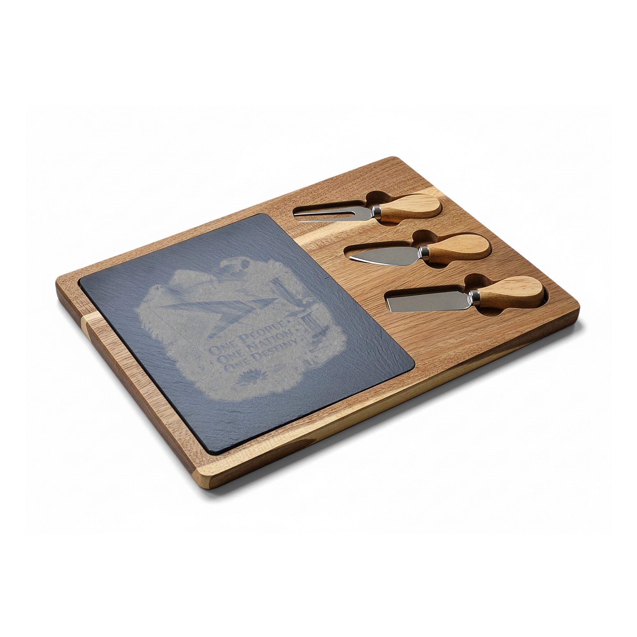 Engraved Acacia Charcuterie Board with Slate Insert & Cheese Tools