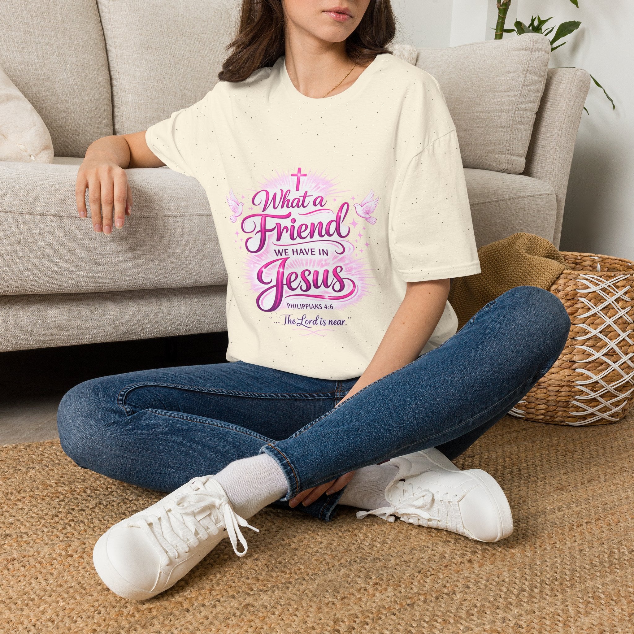 Christian T-Shirt — “What a Friend We Have in Jesus” Pink Faith Tee