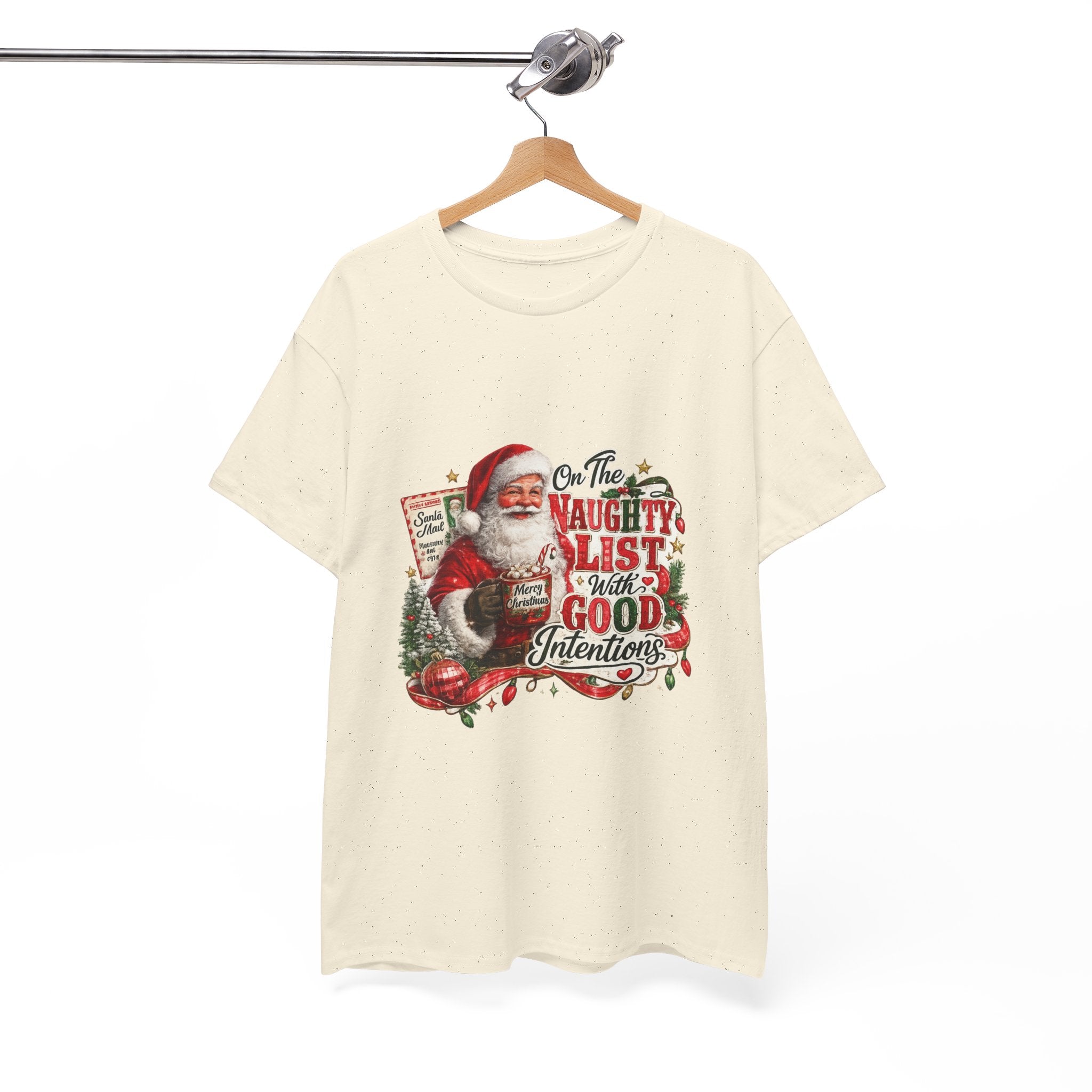 Christmas T-Shirt — 'On the Naughty List, I Have Good Intentions' Santa Tee