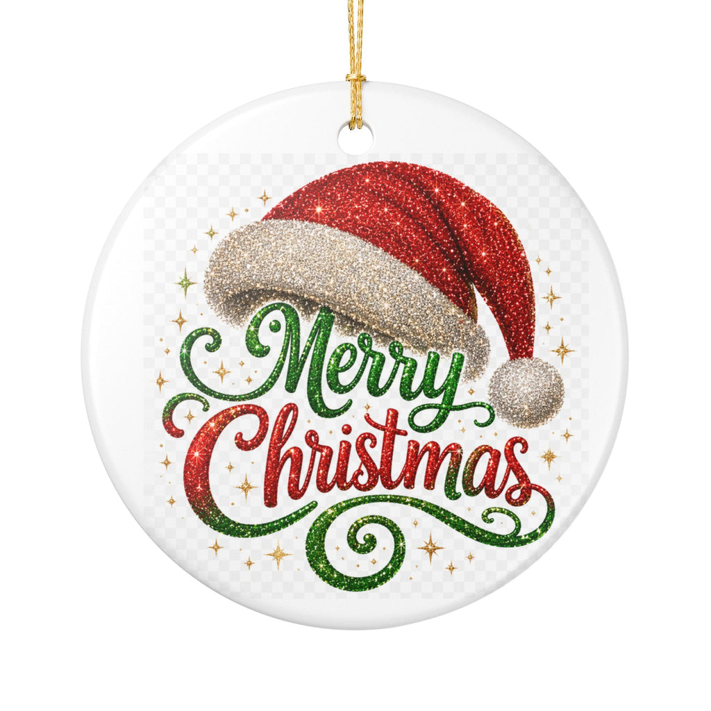 Circle Ceramic Ornament — “Merry Christmas” Santa Hat Holiday Decoration