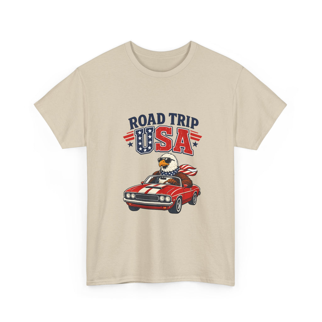 Road Trip USA T-Shirt — Patriotic Eagle Driving Classic Car Graphic Tee