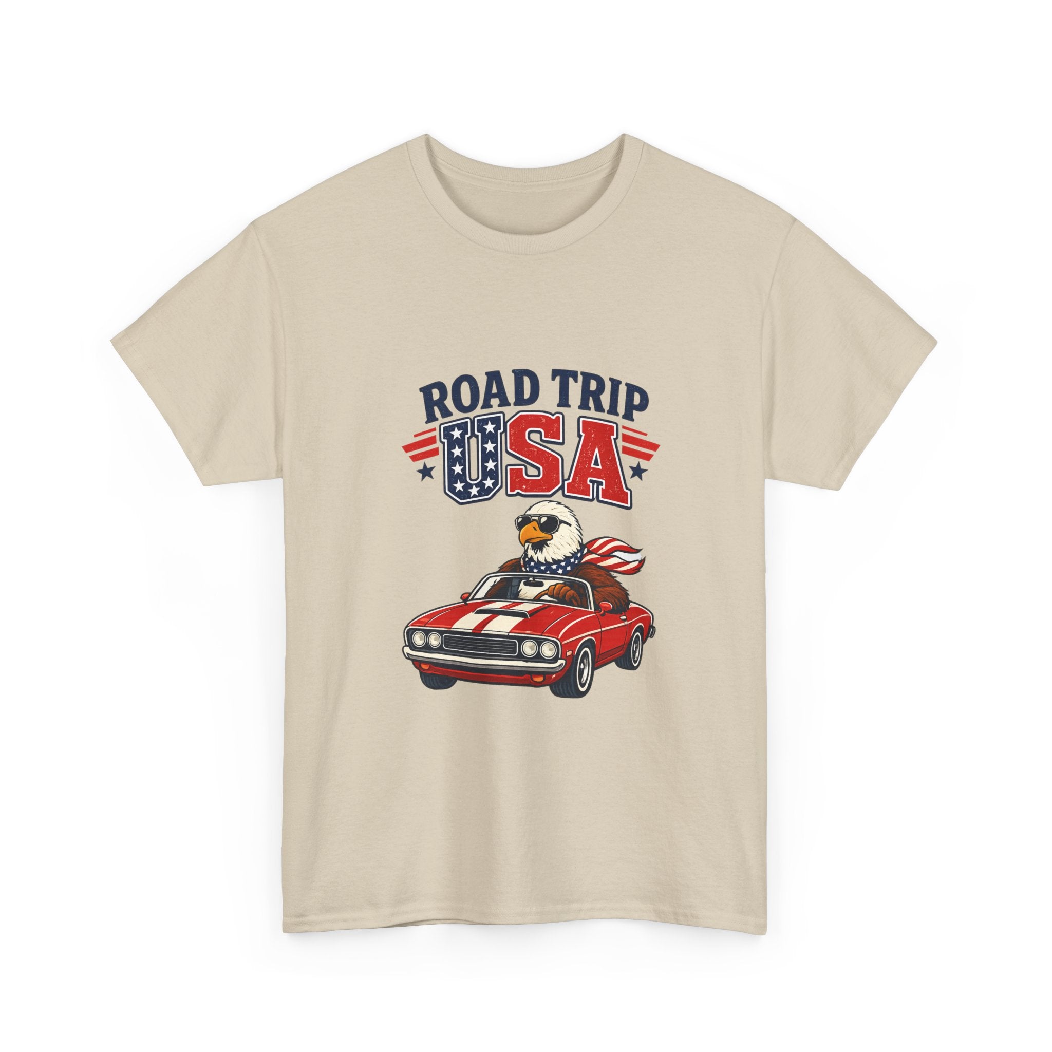 Road Trip USA T-Shirt — Patriotic Eagle Driving Classic Car Graphic Tee