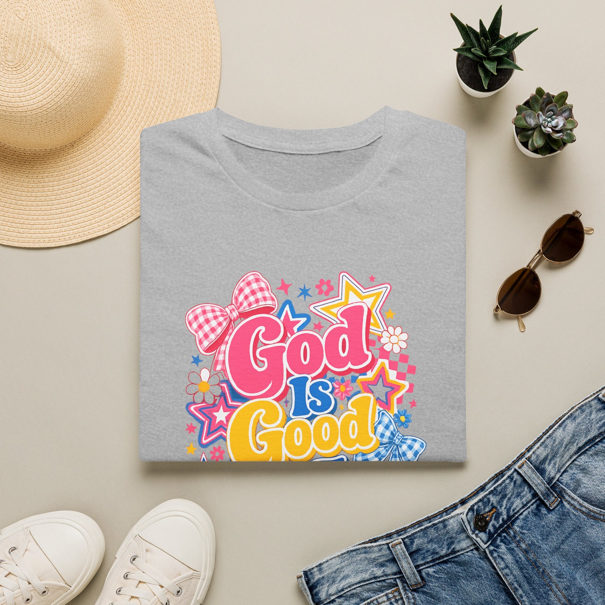 Inspirational vibes God Is Good T‑Shirt — Colorful Retro Faith Graphic Tee