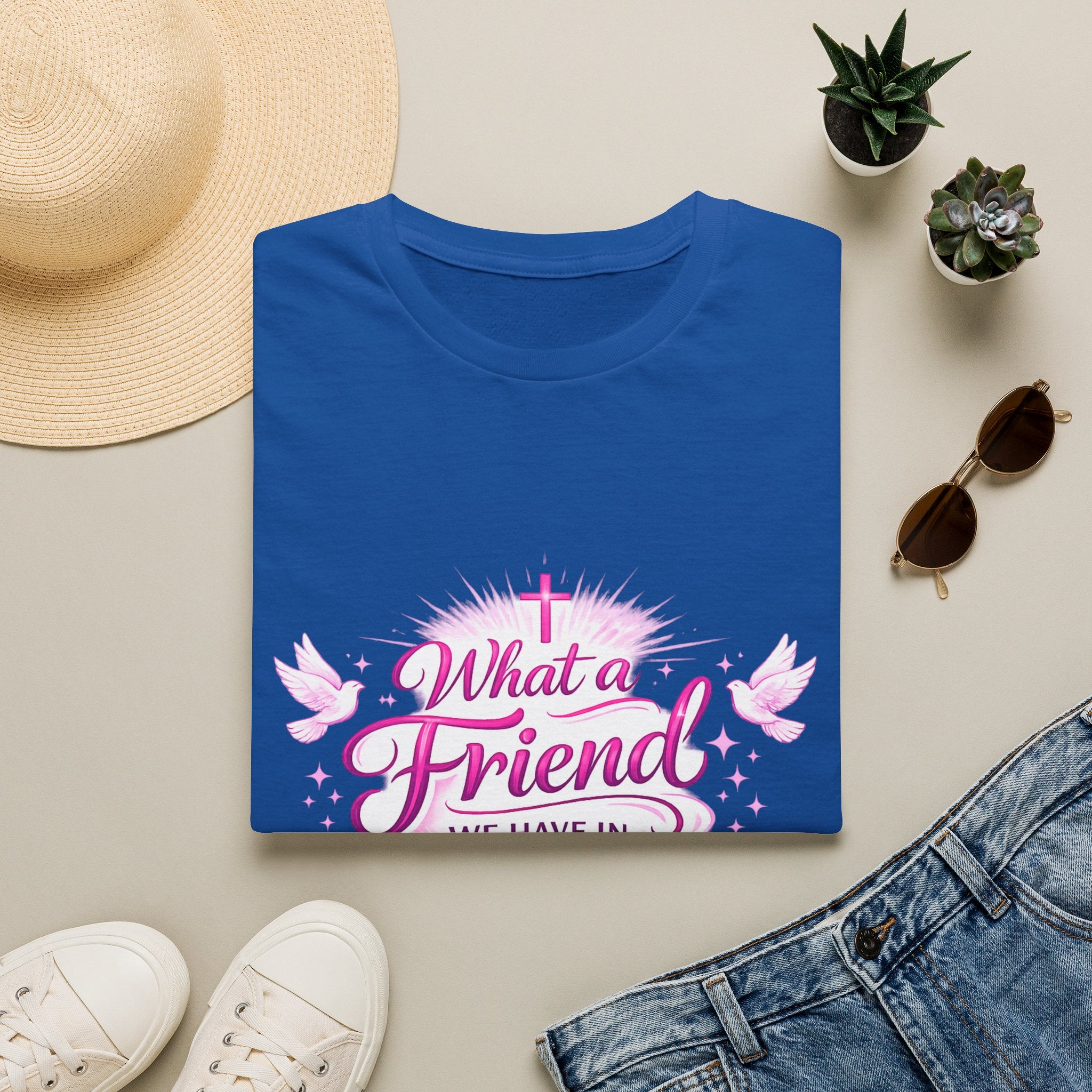 Christian T-Shirt — “What a Friend We Have in Jesus” Pink Faith Tee