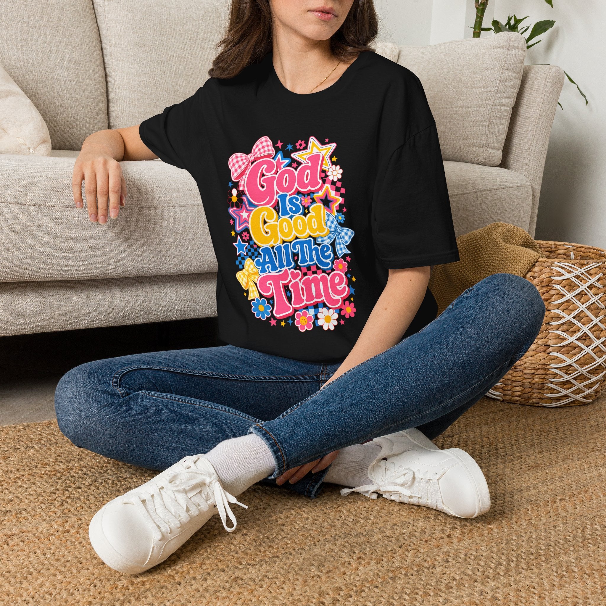 Inspirational vibes God Is Good T‑Shirt — Colorful Retro Faith Graphic Tee
