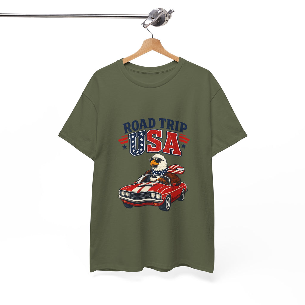 Road Trip USA T-Shirt — Patriotic Eagle Driving Classic Car Graphic Tee