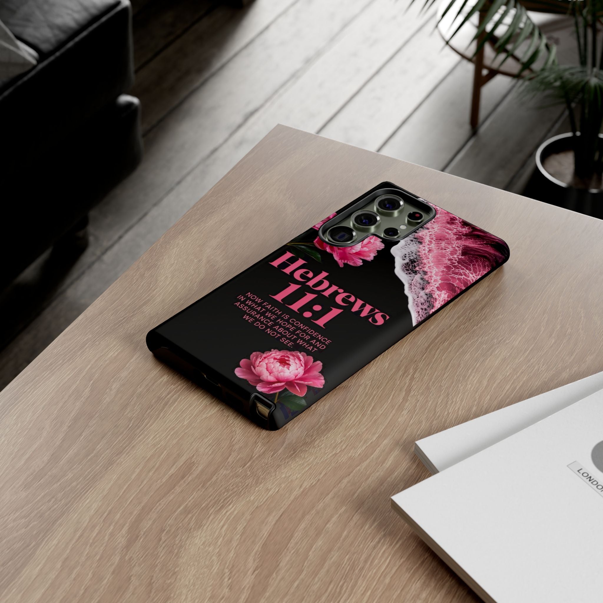 Bible Verses phone case -  Hebrews 11:1 Faith Phone Case — Pink Floral Scripture iPhone Cover