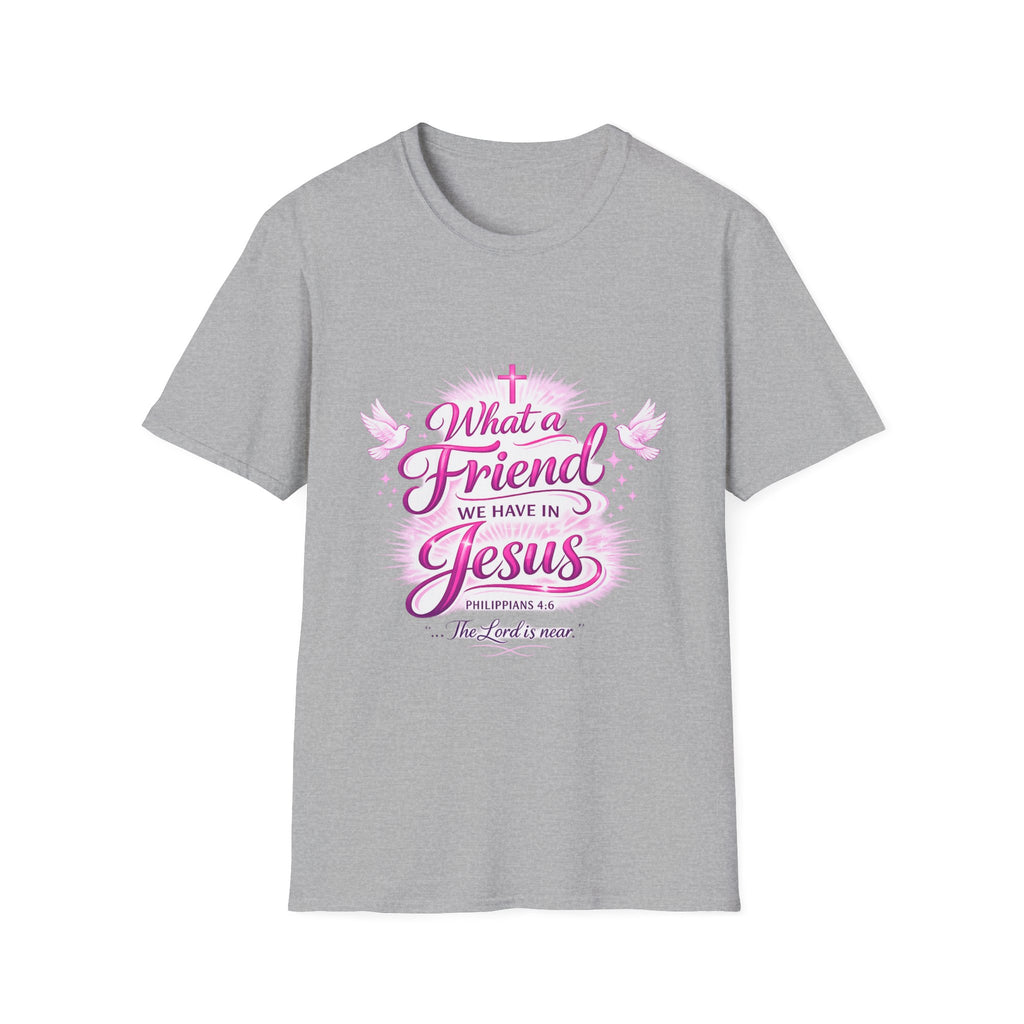 Christian T-Shirt — “What a Friend We Have in Jesus” Pink Faith Tee