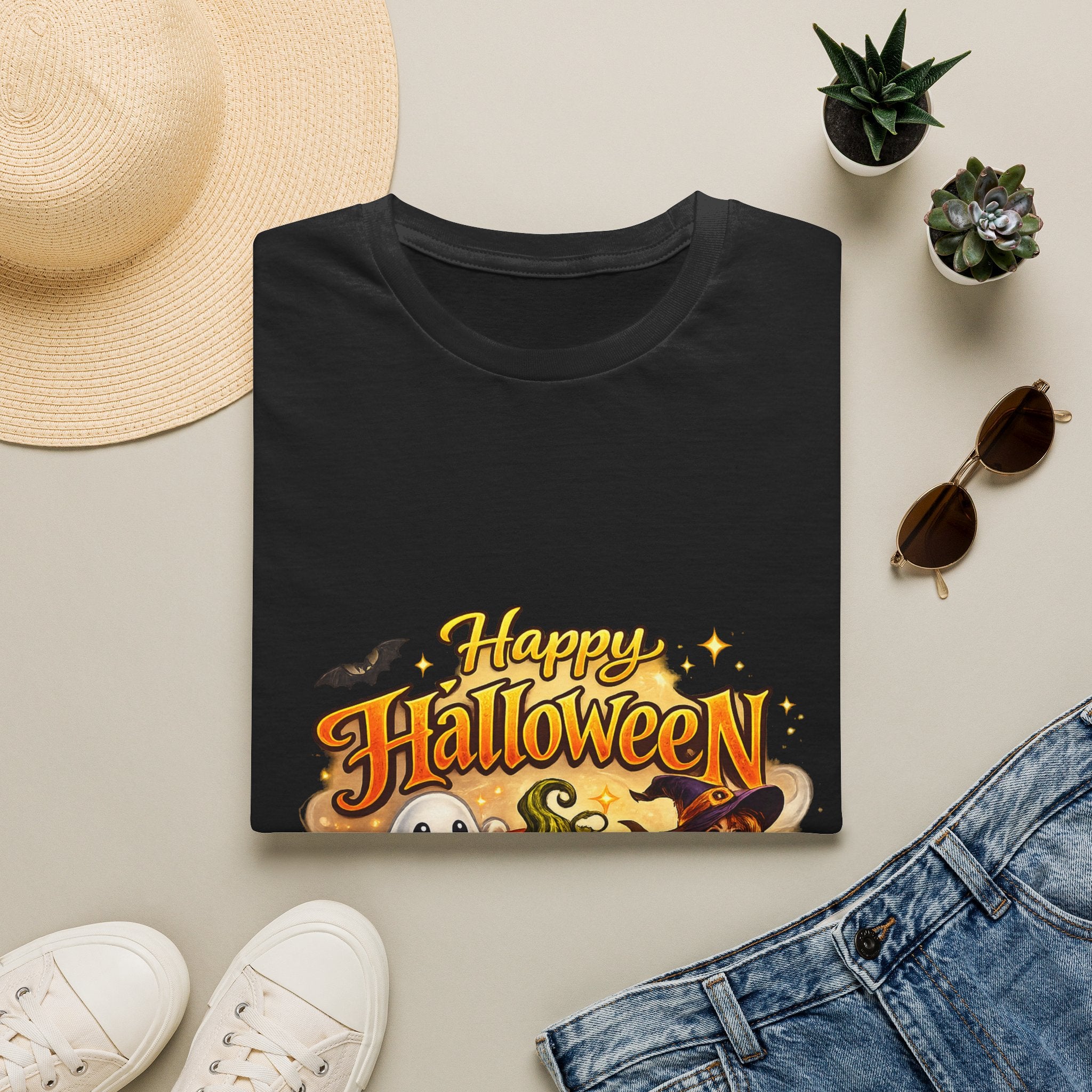 Halloween Witch and Ghost designs T-Shirt — "Happy Halloween" Pumpkin & Ghost Graphic