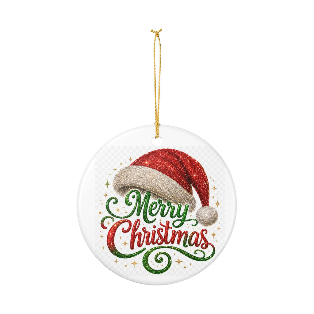 Circle Ceramic Ornament — “Merry Christmas” Santa Hat Holiday Decoration