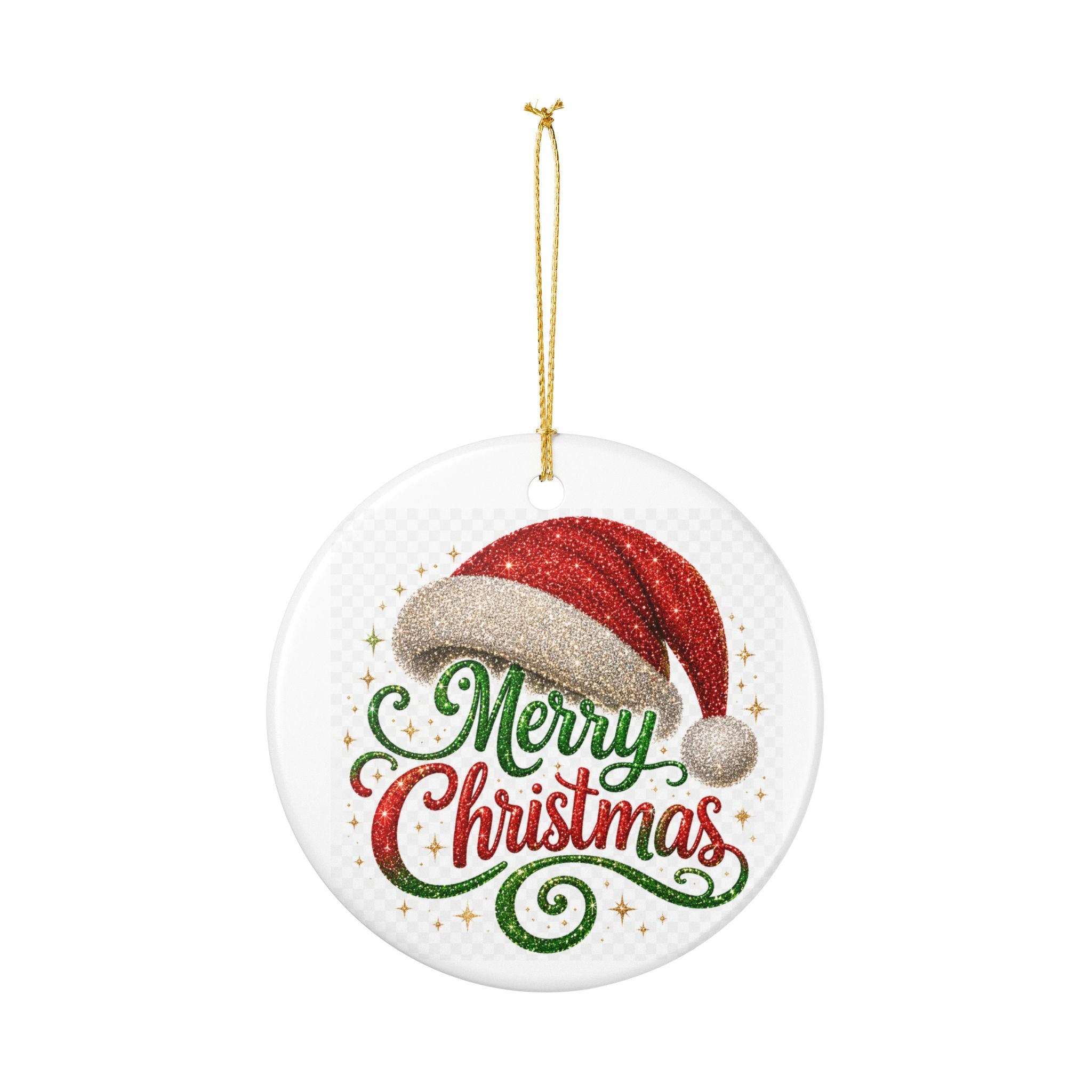 Circle Ceramic Ornament — “Merry Christmas” Santa Hat Holiday Decoration
