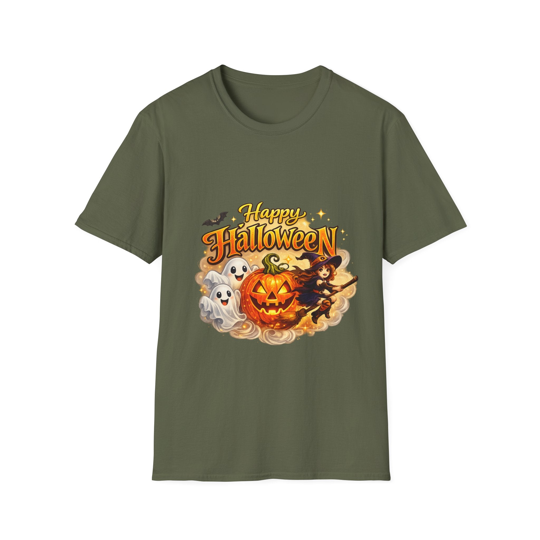 Halloween Witch and Ghost designs T-Shirt — "Happy Halloween" Pumpkin & Ghost Graphic