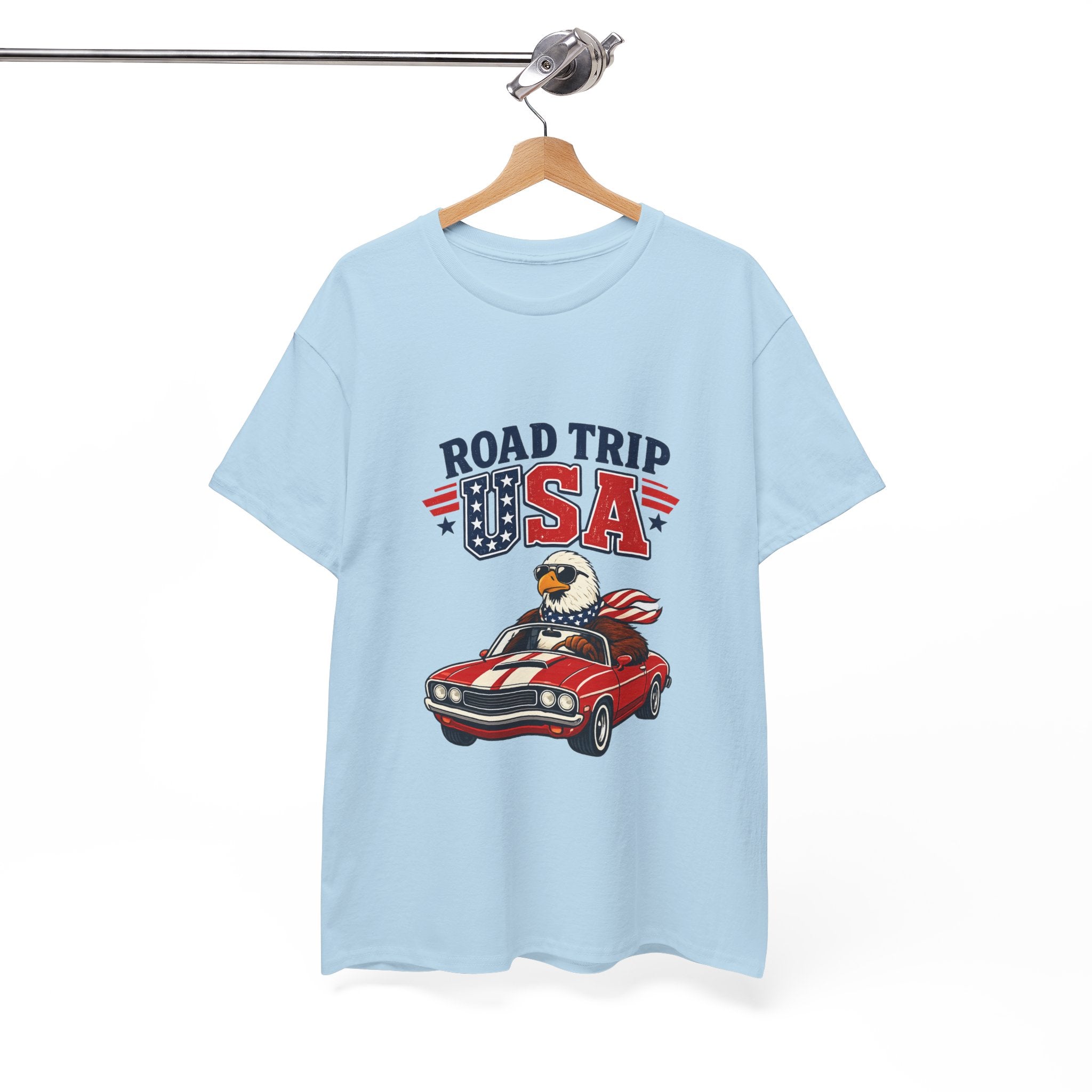 Road Trip USA T-Shirt — Patriotic Eagle Driving Classic Car Graphic Tee