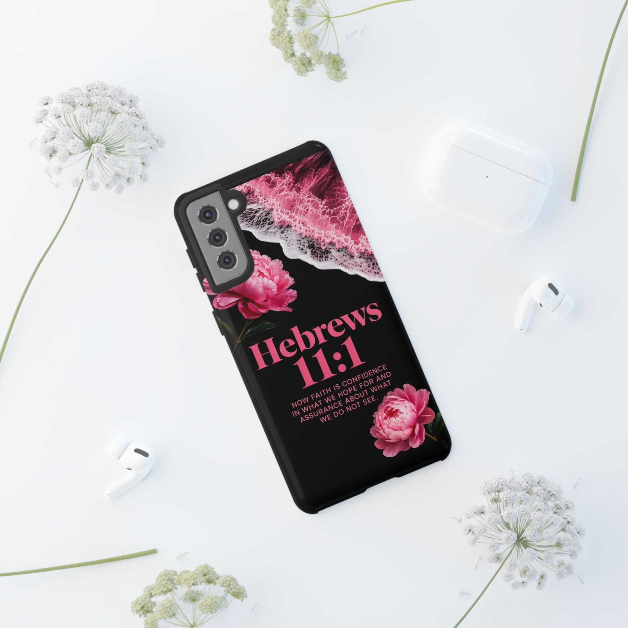 Bible Verses phone case -  Hebrews 11:1 Faith Phone Case — Pink Floral Scripture iPhone Cover