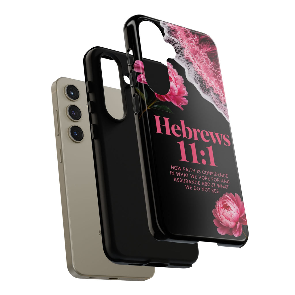 Bible Verses phone case -  Hebrews 11:1 Faith Phone Case — Pink Floral Scripture iPhone Cover