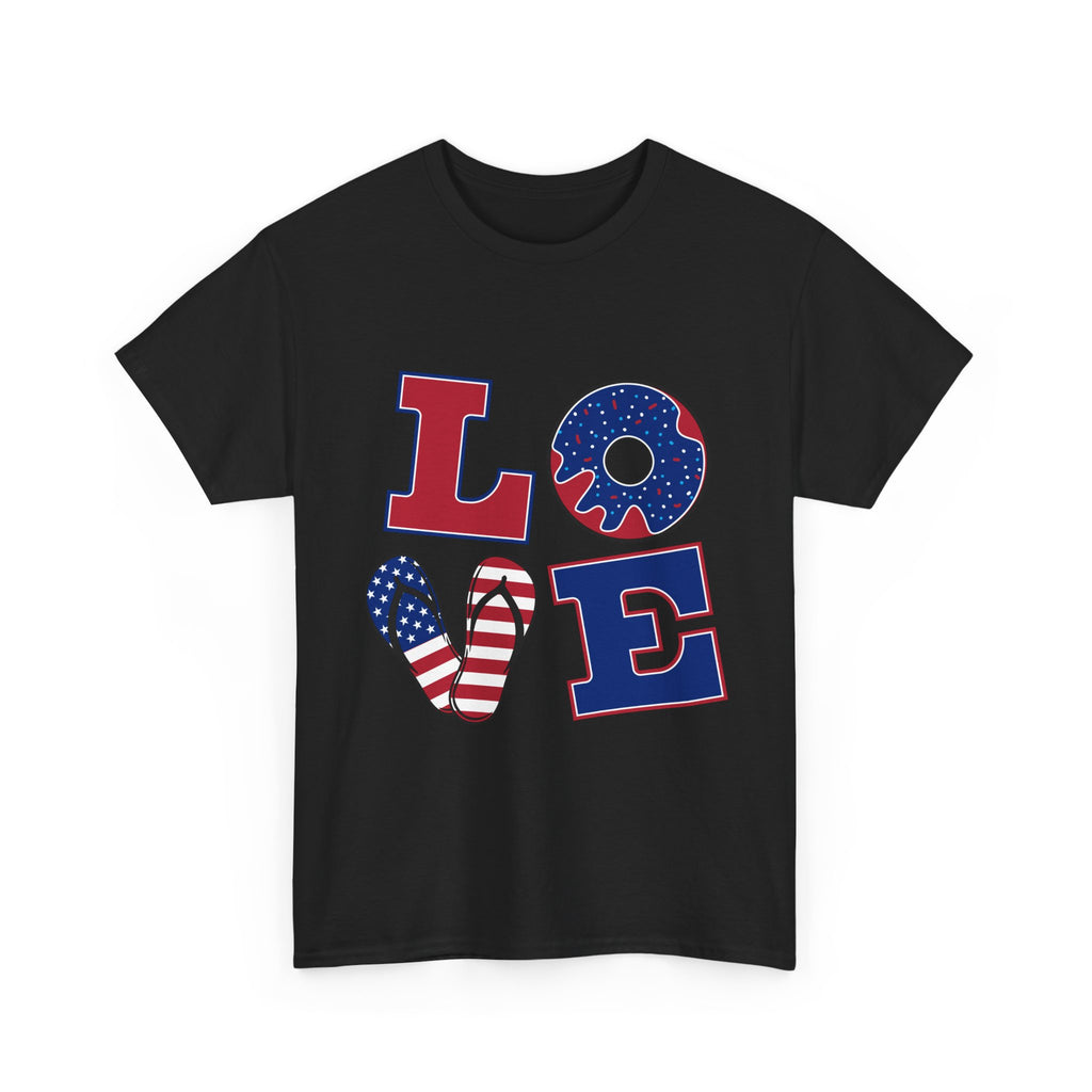 Patriotic LOVE T-Shirt — American Flag Donut & Flip-Flop Fourth of July Tee