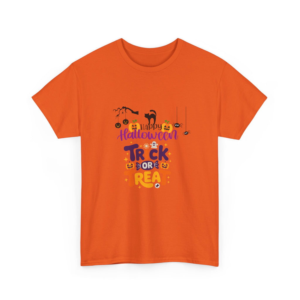 Halloween "Trick or Treat" T-Shirt — Cute Pumpkin, Cat & Spider Graphic Tee