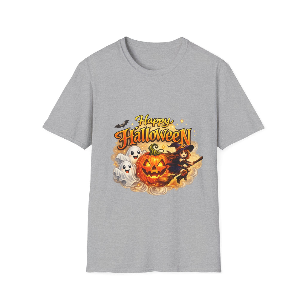 Halloween Witch and Ghost designs T-Shirt — "Happy Halloween" Pumpkin & Ghost Graphic
