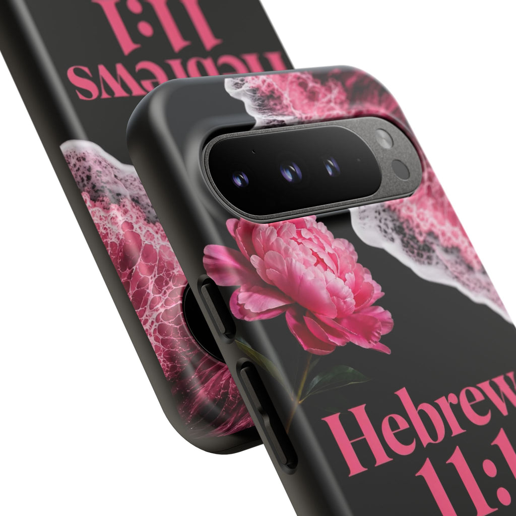 Bible Verses phone case -  Hebrews 11:1 Faith Phone Case — Pink Floral Scripture iPhone Cover