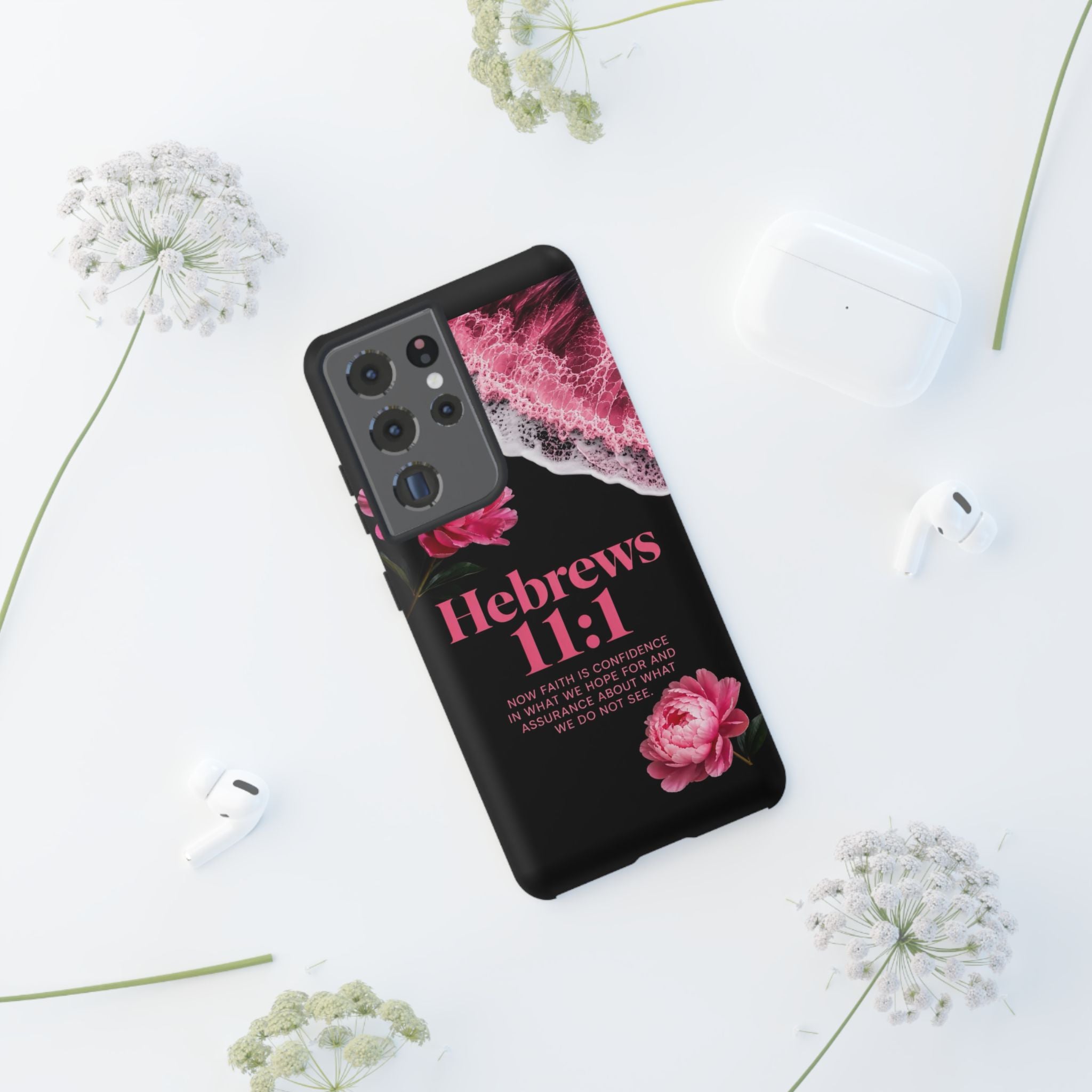 Bible Verses phone case -  Hebrews 11:1 Faith Phone Case — Pink Floral Scripture iPhone Cover