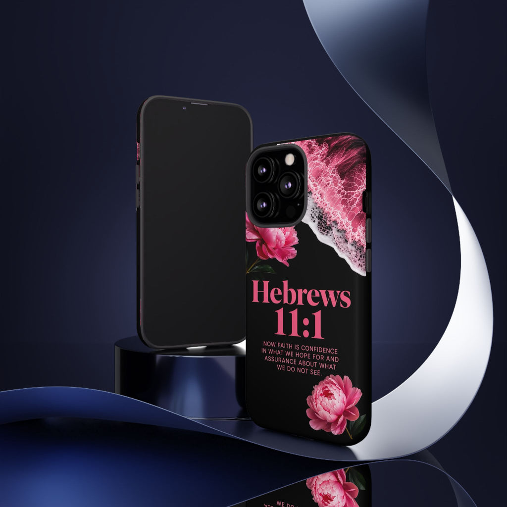 Bible Verses phone case -  Hebrews 11:1 Faith Phone Case — Pink Floral Scripture iPhone Cover