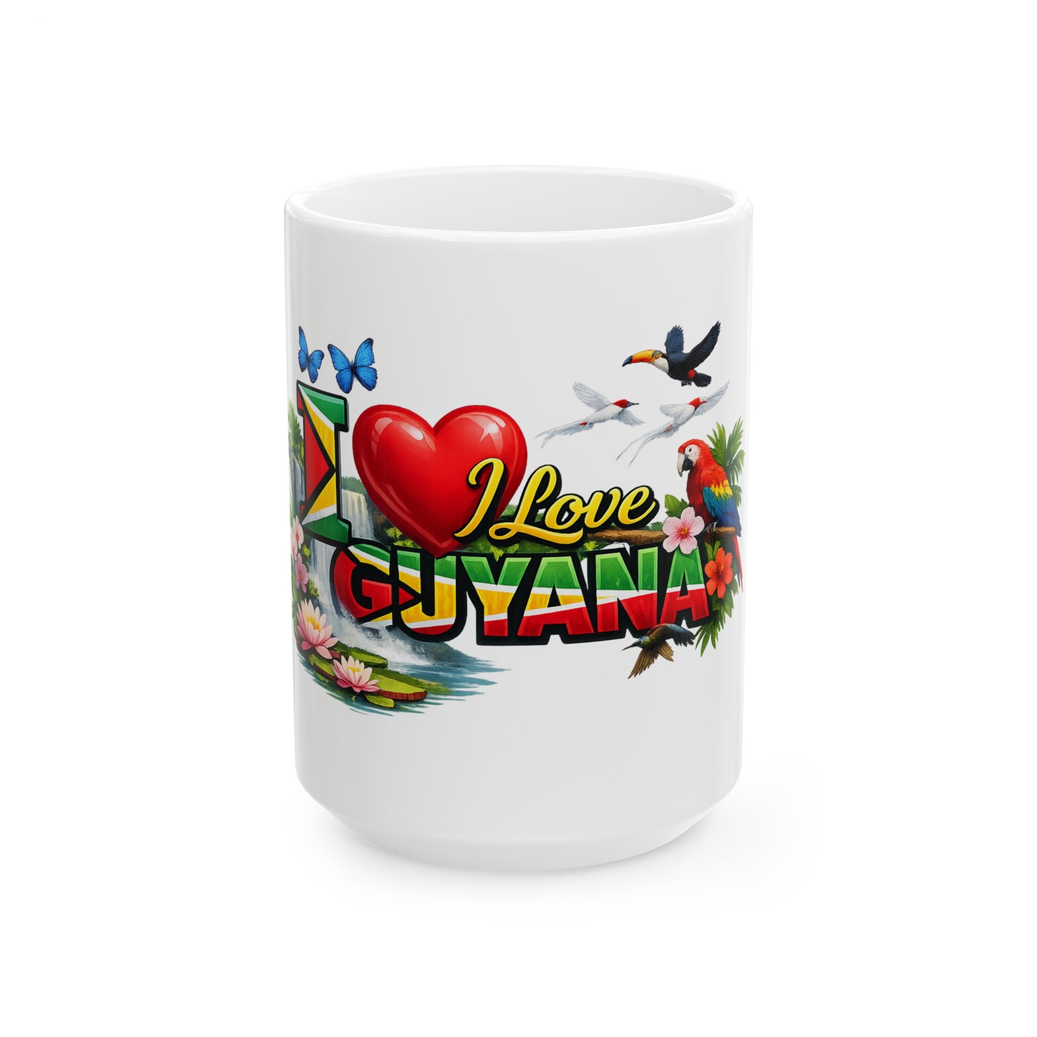 I Love Guyana Ceramic Mug — Tropical Birds & Flag Coffee Cup (11oz, 15oz)