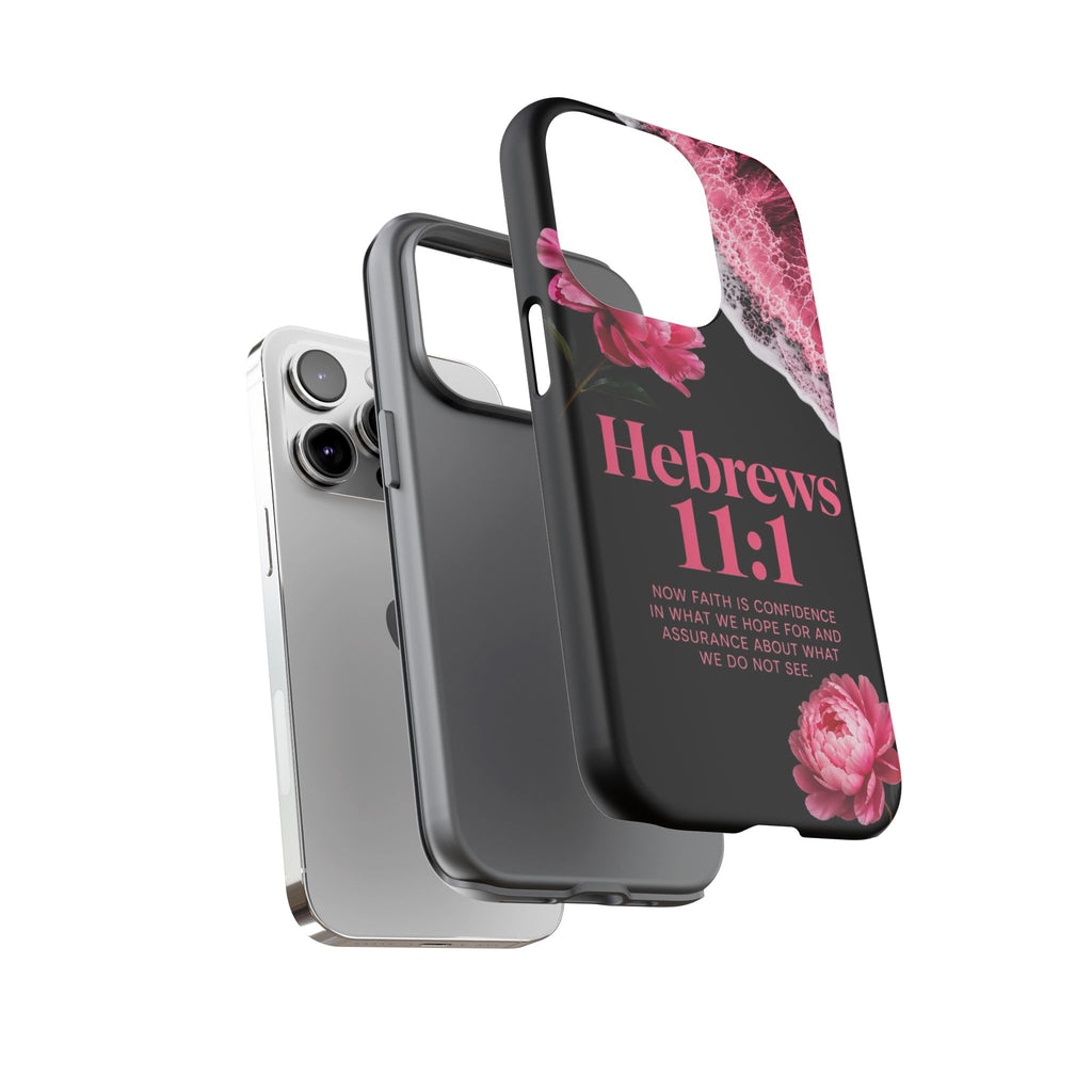 Bible Verses phone case -  Hebrews 11:1 Faith Phone Case — Pink Floral Scripture iPhone Cover