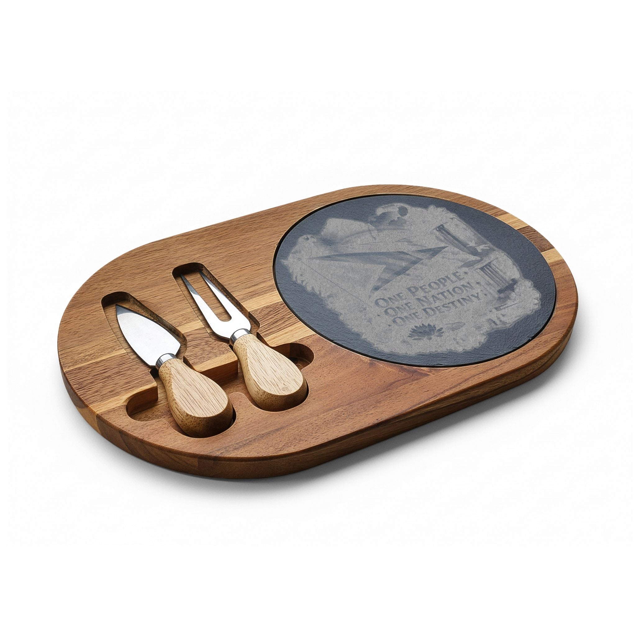 Engraved Acacia Charcuterie Board with Slate Insert & Cheese Tools