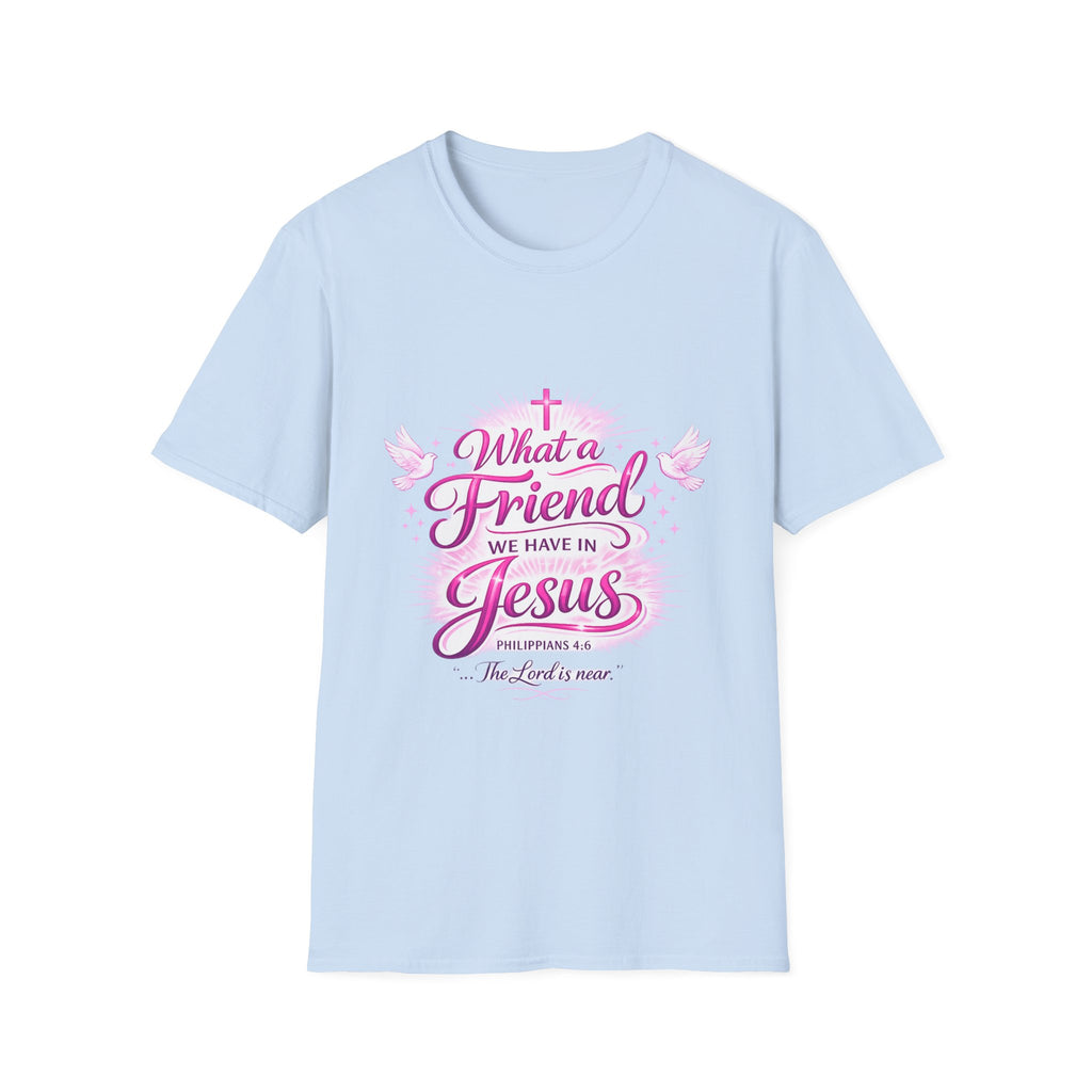 Christian T-Shirt — “What a Friend We Have in Jesus” Pink Faith Tee