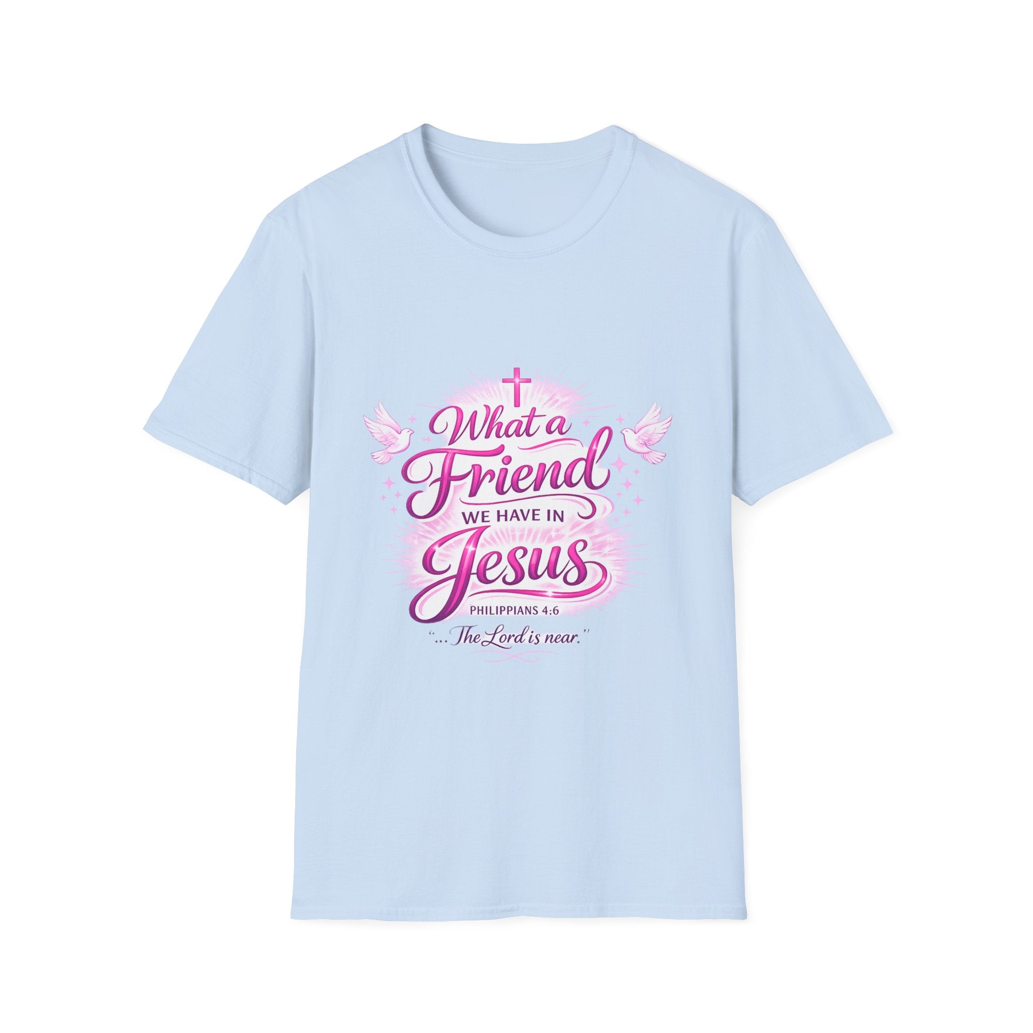 Christian T-Shirt — “What a Friend We Have in Jesus” Pink Faith Tee