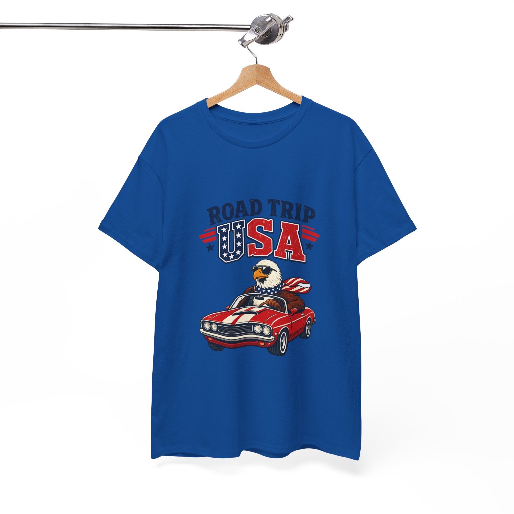 Road Trip USA T-Shirt — Patriotic Eagle Driving Classic Car Graphic Tee