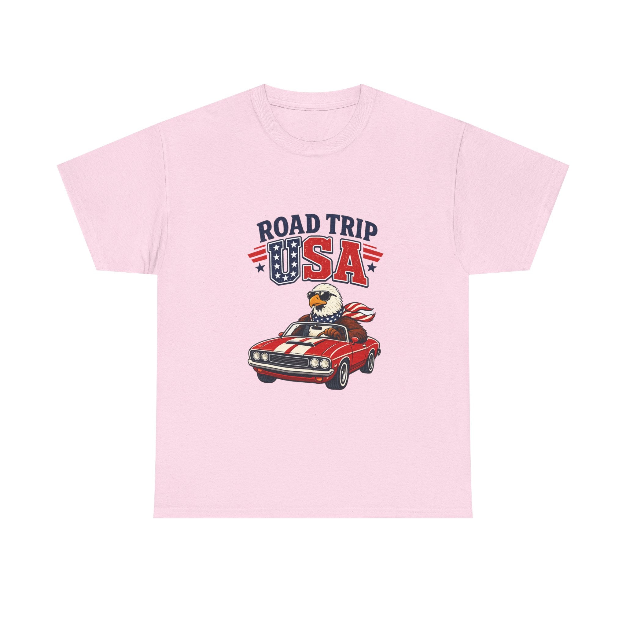Road Trip USA T-Shirt — Patriotic Eagle Driving Classic Car Graphic Tee