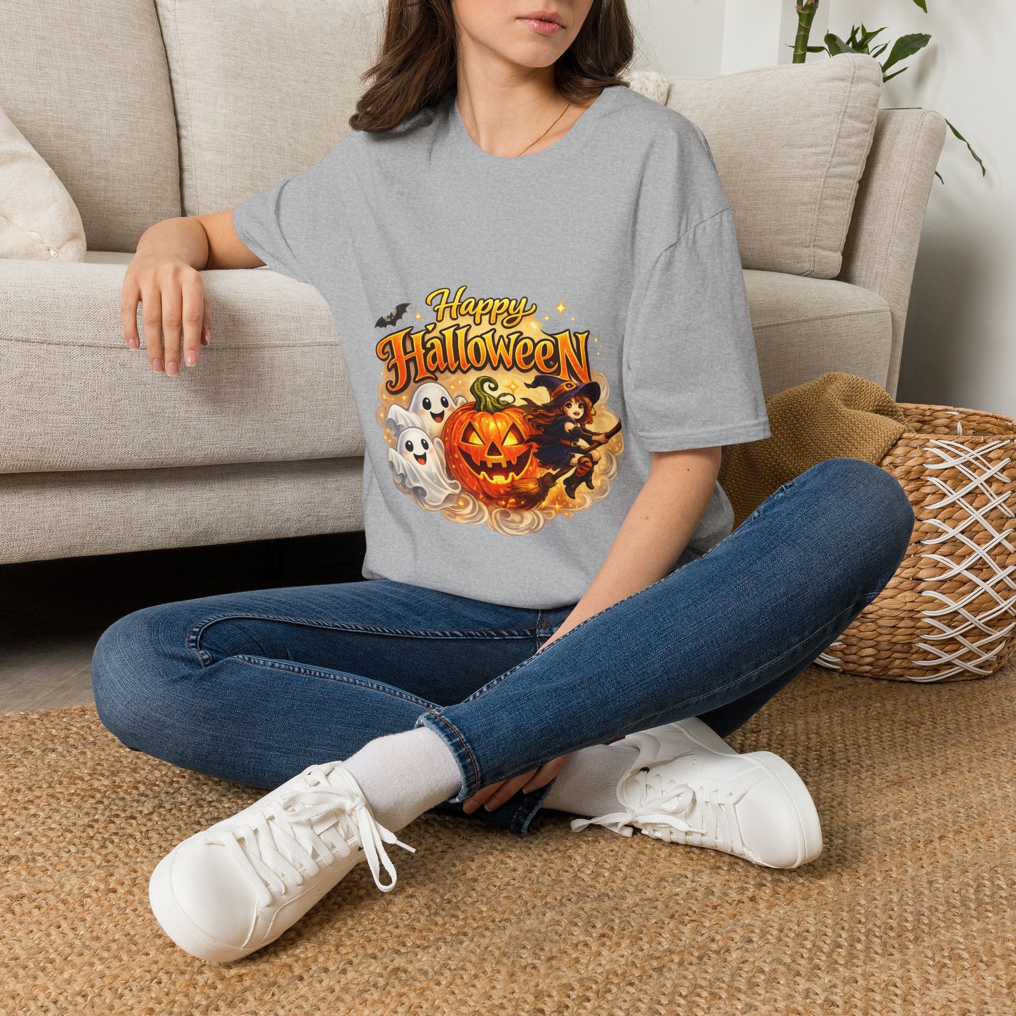 Halloween Witch and Ghost designs T-Shirt — "Happy Halloween" Pumpkin & Ghost Graphic