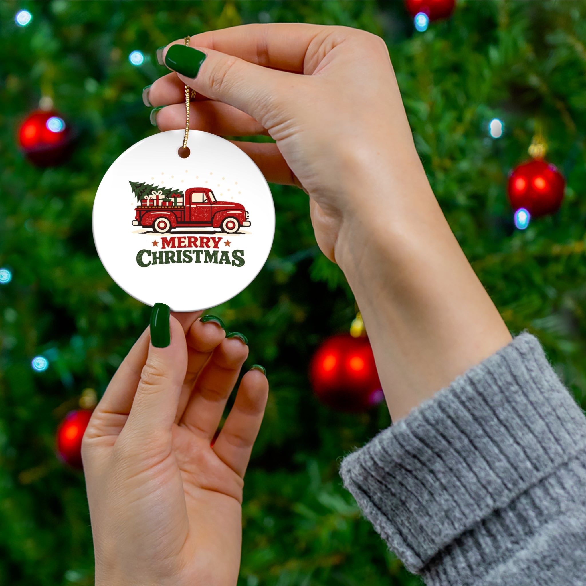 Merry Christmas Red Truck Ceramic Ornament — Star Holiday Decoration (4 Shapes) Make it your own Personalized your own add your own photo or design