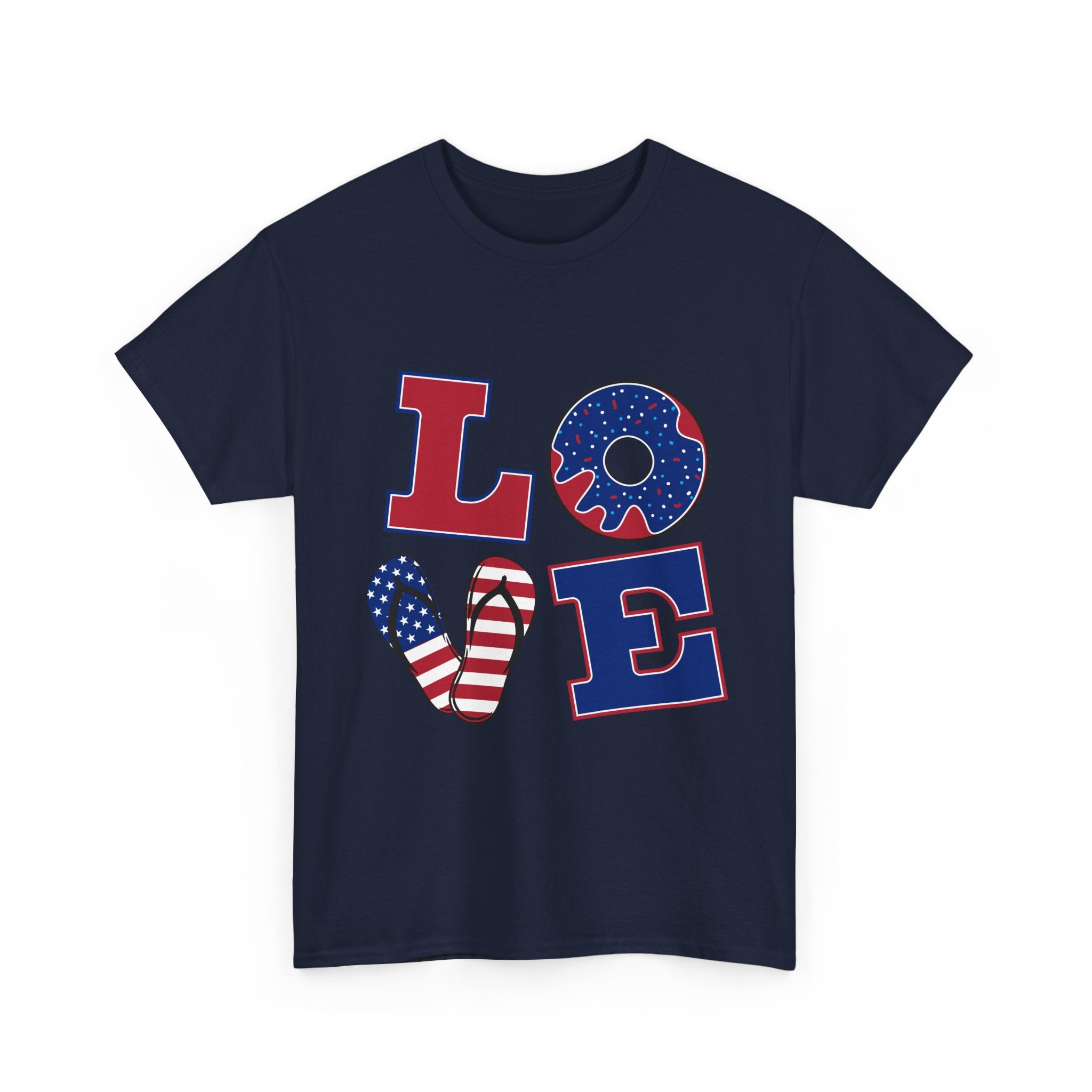 Patriotic LOVE T-Shirt — American Flag Donut & Flip-Flop Fourth of July Tee