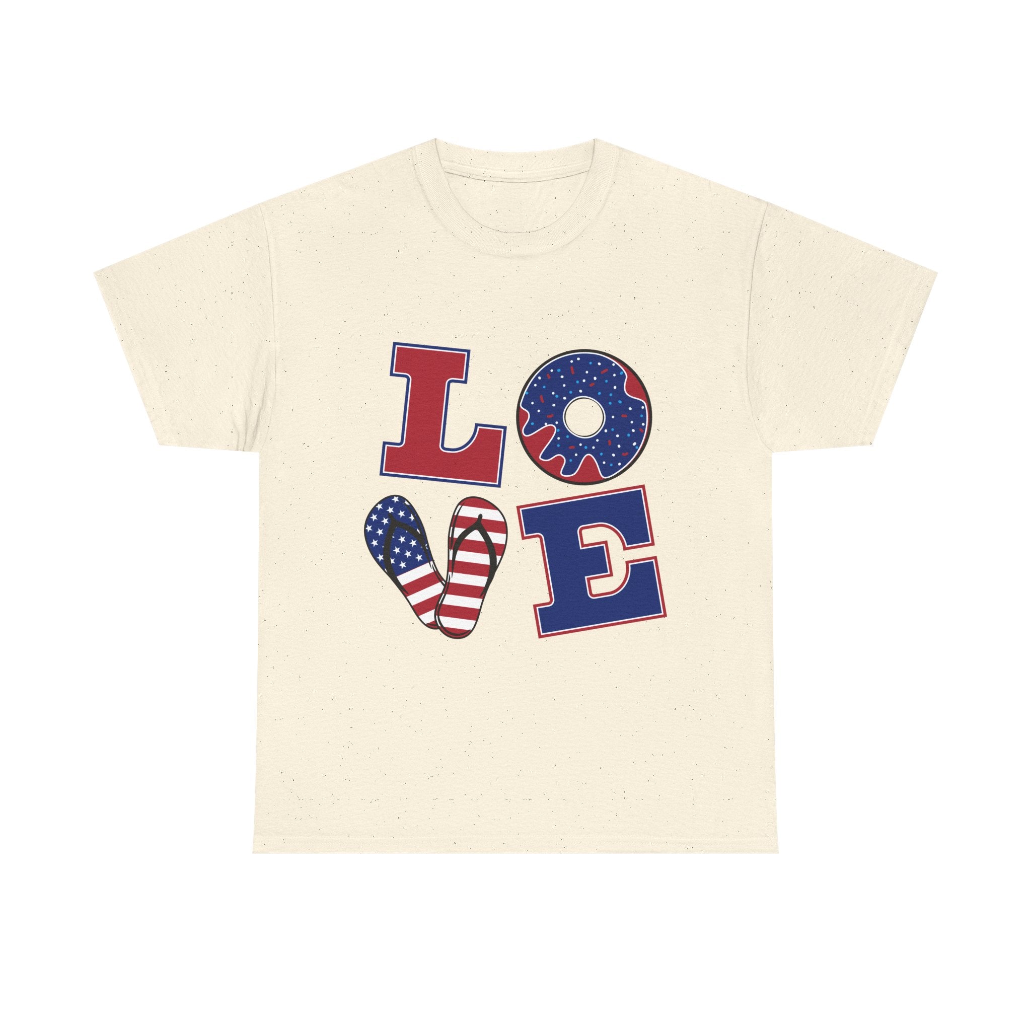 Patriotic LOVE T-Shirt — American Flag Donut & Flip-Flop Fourth of July Tee
