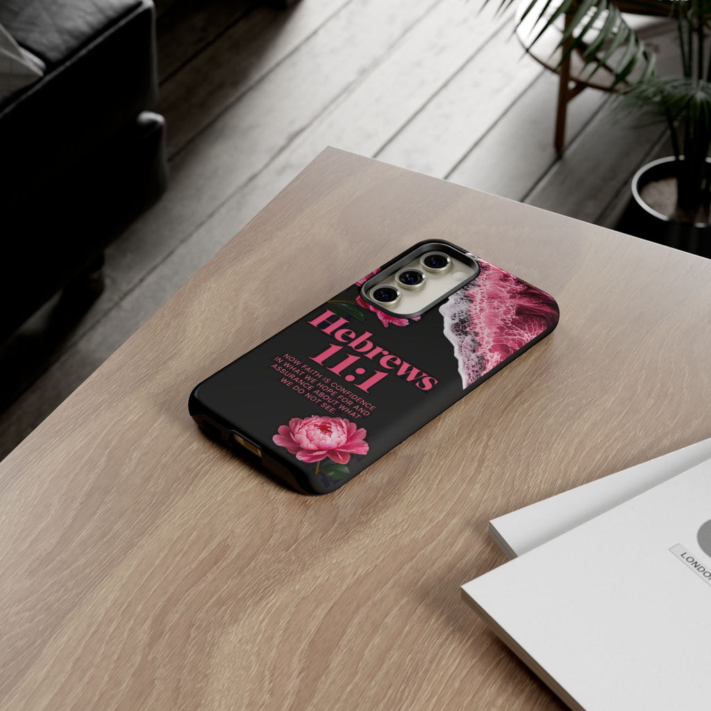 Bible Verses phone case -  Hebrews 11:1 Faith Phone Case — Pink Floral Scripture iPhone Cover