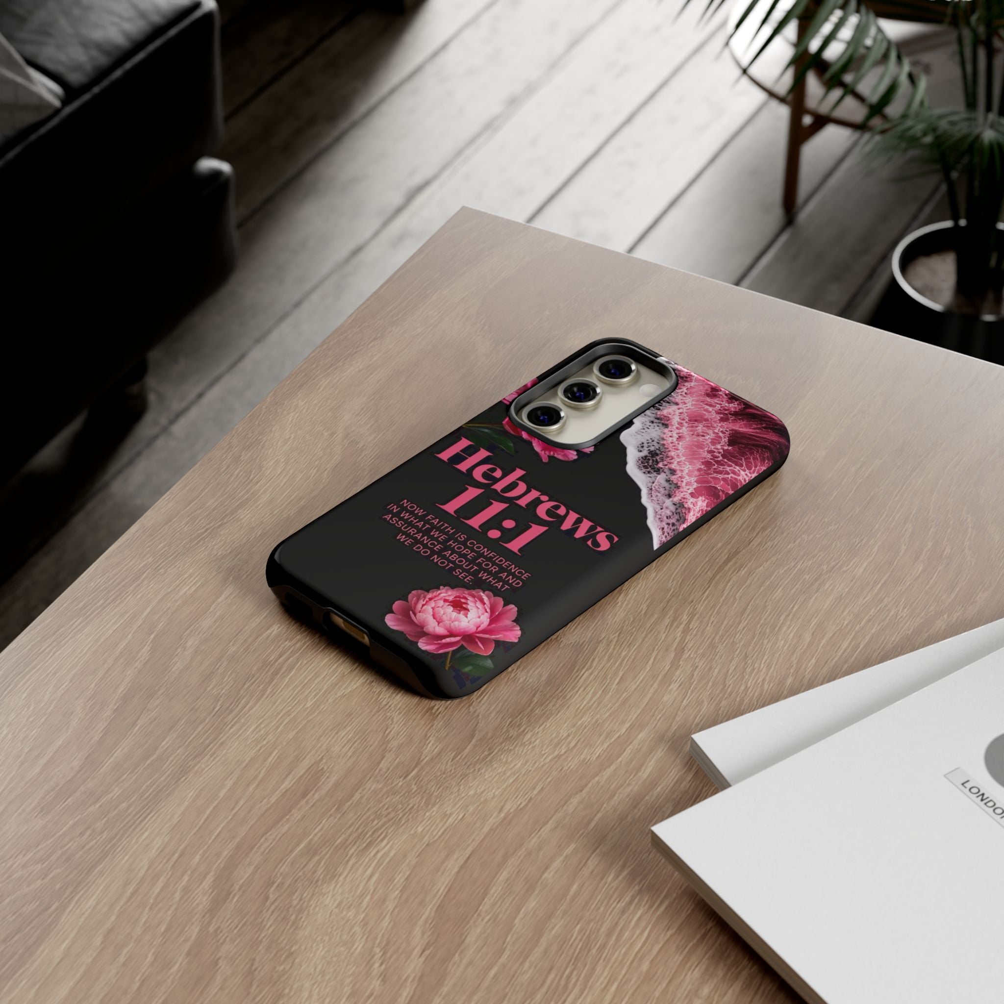 Bible Verses phone case -  Hebrews 11:1 Faith Phone Case — Pink Floral Scripture iPhone Cover