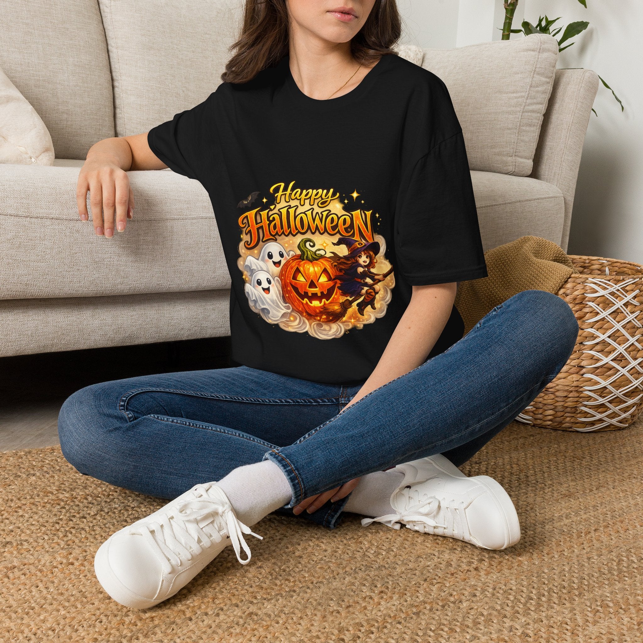 Halloween Witch and Ghost designs T-Shirt — "Happy Halloween" Pumpkin & Ghost Graphic