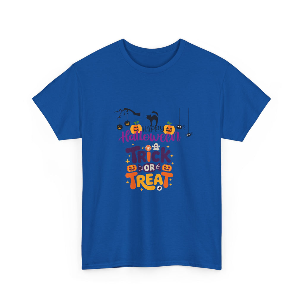 Halloween "Trick or Treat" T-Shirt — Cute Pumpkin, Cat & Spider Graphic Tee