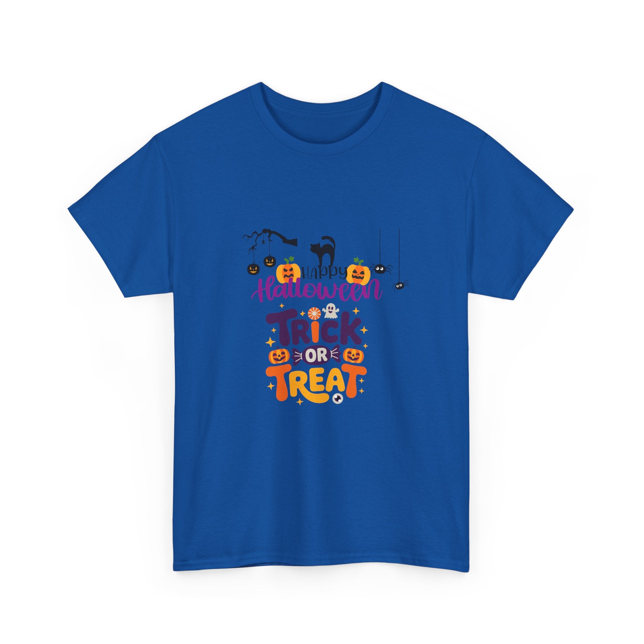 Halloween "Trick or Treat" T-Shirt — Cute Pumpkin, Cat & Spider Graphic Tee